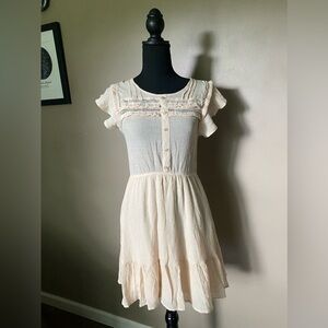 MINE Anthropologie dress beige rayon lightweight crinkle summer sz S boho chic